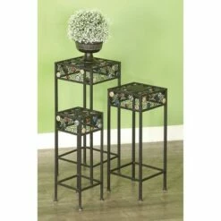 Olivia & May Set of 3 Metal and Ceramic Square Plant Stand with Bead Detailing Black - Olivia & May