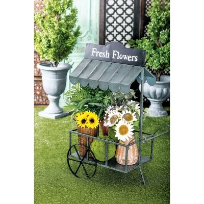 Olivia & May Small Metal Rectangular Rolling Garden Cart Plant Stand with Canopy and Fresh Flowers Black - Olivia & May 3 Olivia & May Small Metal Rectangular Rolling Garden Cart Plant Stand with Canopy and Fresh Flowers Black - Olivia & May