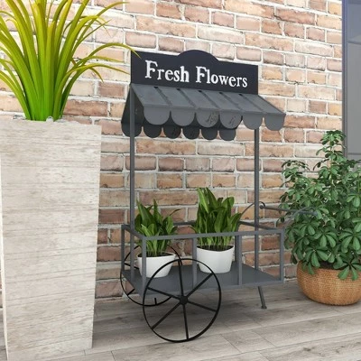 Olivia & May Small Metal Rectangular Rolling Garden Cart Plant Stand with Canopy and Fresh Flowers Black - Olivia & May 4 Olivia & May Small Metal Rectangular Rolling Garden Cart Plant Stand with Canopy and Fresh Flowers Black - Olivia & May - Image 2