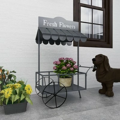 Olivia & May Small Metal Rectangular Rolling Garden Cart Plant Stand with Canopy and Fresh Flowers Black - Olivia & May 5 Olivia & May Small Metal Rectangular Rolling Garden Cart Plant Stand with Canopy and Fresh Flowers Black - Olivia & May - Image 3