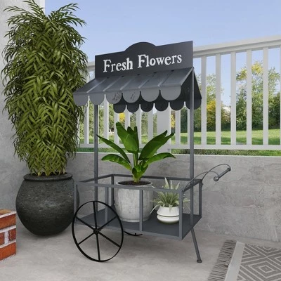 Olivia & May Small Metal Rectangular Rolling Garden Cart Plant Stand with Canopy and Fresh Flowers Black - Olivia & May 7 Olivia & May Small Metal Rectangular Rolling Garden Cart Plant Stand with Canopy and Fresh Flowers Black - Olivia & May - Image 5