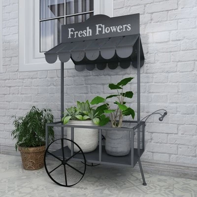 Olivia & May Small Metal Rectangular Rolling Garden Cart Plant Stand with Canopy and Fresh Flowers Black - Olivia & May 8 Olivia & May Small Metal Rectangular Rolling Garden Cart Plant Stand with Canopy and Fresh Flowers Black - Olivia & May - Image 6