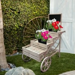 Alpine Corporation Novelty Wooden Cart Plant Stand with Chalkboard
