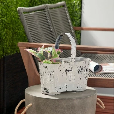 Olivia & May Large Distressed Novelty Farmhouse Style Metal Planter with Handle and 2 Pots White - Olivia & May 3 Olivia & May Large Distressed Novelty Farmhouse Style Metal Planter with Handle and 2 Pots White - Olivia & May