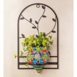 Wind & Weather Handcrafted Talavera-Style Terra Cotta Flat-Backed Wall Planter with Wrought Iron Hanger