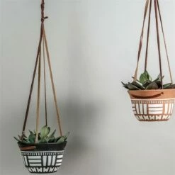 Natural Terracotta with Hand Painted Pattern and Faux Leather Straps Hanging Planter - Foreside Home & Garden