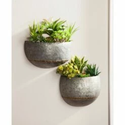Evergreen Galvanized Metal Brass Solder Hanging Wall Pocket Planters, Set of 2