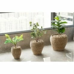 Vintiquewise Woven Round Flower Pot Planter Basket with Leak-Proof Plastic Lining