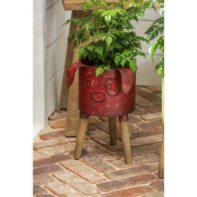 Evergreen Metal Dog Planter With Wooden Stand 3 Evergreen Metal Dog Planter With Wooden Stand
