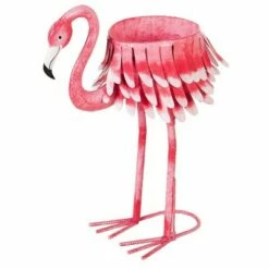 Evergreen Beautiful Springtime Brushed Metal Flamingo Shaped Drink Chiller and Planter - 26x11x31 in