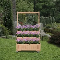 Outsunny 3-Tiers Wooden Raised Garden Bed with Wheels Trellis Back Storage Area Easy Movable for Flowers Herbs Natural