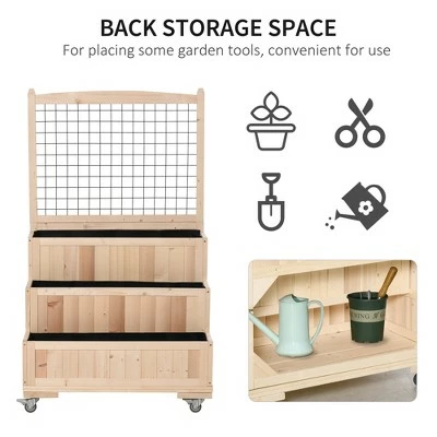 Outsunny 3-Tiers Wooden Raised Garden Bed with Wheels Trellis Back Storage Area Easy Movable for Flowers Herbs Natural 4 Outsunny 3-Tiers Wooden Raised Garden Bed with Wheels Trellis Back Storage Area Easy Movable for Flowers Herbs Natural - Image 2