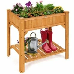 Costway 8 Grids Raised Garden Bed Elevated Planter Box Kit Wood w/Liner & Shelf