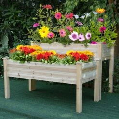 Outsunny 2 Tiers Fir Wooden Raised Garden Bed with Drainage Holes Elevated Planter Box Stand with Legs 2 Compartments and Sturdy Design