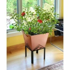 23"Hx16.25"W Indoor/Outdoor Square Copper Plated Galvanized Steel Flower Box with Black Wrought Iron Plant Stand - ACHLA Designs