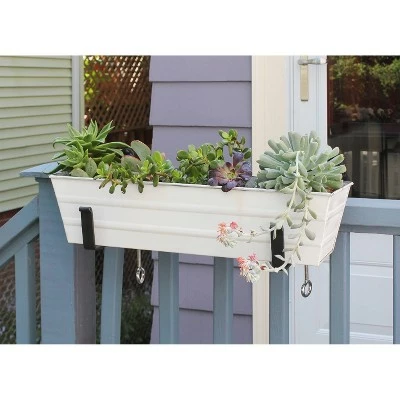 22"W Rectangular Flower Box Whitewashed Galvanized Steel with Black Wrought Iron Clamp-On Brackets - ACHLA Designs 4 22"W Rectangular Flower Box Whitewashed Galvanized Steel with Black Wrought Iron Clamp-On Brackets - ACHLA Designs - Image 2