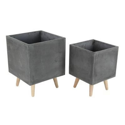 Set of 2 Contemporary Fiber Clay Planters with Wooden Stand - Olivia & May Black 6 Set of 2 Contemporary Fiber Clay Planters with Wooden Stand - Olivia & May Black - Image 4