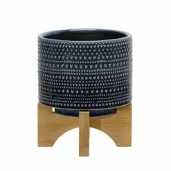 Dotted Planter with Wood Stand - Sagebrook Home Green