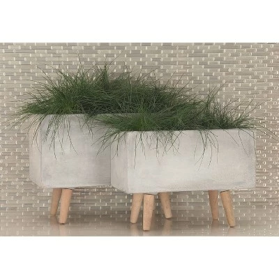 Olivia & May Set of 2 Contemporary Fiber Clay and Beech Wood Rectangular Box Planters - Olivia & Ma Dark Gray 2 Olivia & May Set of 2 Contemporary Fiber Clay and Beech Wood Rectangular Box Planters - Olivia & Ma Dark Gray