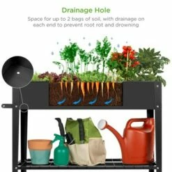 Best Choice Products Mobile Raised Ergonomic Metal Planter Garden Bed w/Wheels, Lower Shelf, 38x16x32in, Dark Gray