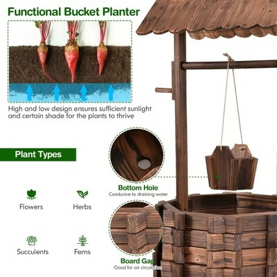 Costway Outdoor Wooden Wishing Well Bucket Flower Plants Planter Patio Garden Home Decor 6 Costway Outdoor Wooden Wishing Well Bucket Flower Plants Planter Patio Garden Home Decor - Image 4
