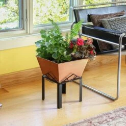 12.25"Hx12.25"W Indoor/Outdoor Square Copper Plated Galvanized Steel Flower Box with Black Wrought Iron Plant Stand - ACHLA Designs