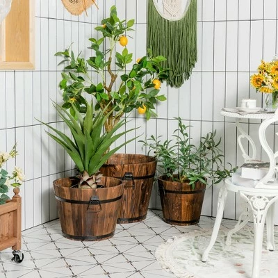 Costway 3 pcs Wooden Planter Barrel Set Decorative Flower Bed Multiple Size 4 Costway 3 pcs Wooden Planter Barrel Set Decorative Flower Bed Multiple Size - Image 2