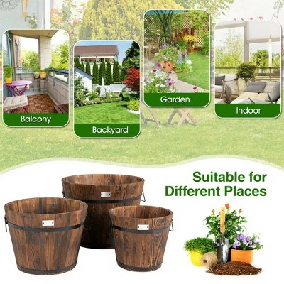 Costway 3 pcs Wooden Planter Barrel Set Decorative Flower Bed Multiple Size 6 Costway 3 pcs Wooden Planter Barrel Set Decorative Flower Bed Multiple Size - Image 4