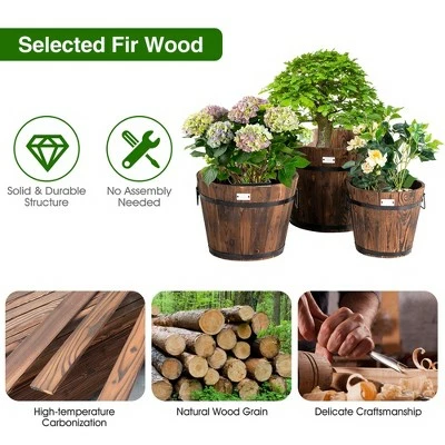 Costway 3 pcs Wooden Planter Barrel Set Decorative Flower Bed Multiple Size 8 Costway 3 pcs Wooden Planter Barrel Set Decorative Flower Bed Multiple Size - Image 6