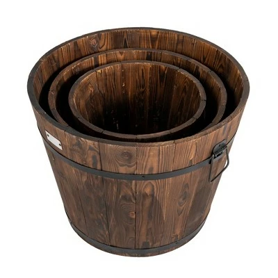 Costway 3 pcs Wooden Planter Barrel Set Decorative Flower Bed Multiple Size 11 Costway 3 pcs Wooden Planter Barrel Set Decorative Flower Bed Multiple Size - Image 9