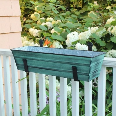 22"W Rectangular Flower Box Green Patina Galvanized Steel with Black Wrought Iron Clamp-On Brackets - ACHLA Designs 2 22"W Rectangular Flower Box Green Patina Galvanized Steel with Black Wrought Iron Clamp-On Brackets - ACHLA Designs