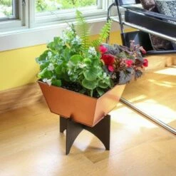 13"Hx12.5"W Indoor/Outdoor Square Copper Plated Galvanized Steel Flower Box with Black Wrought Iron Plant Stand - ACHLA Designs