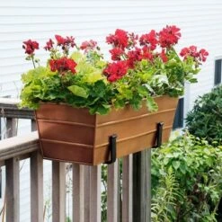 24"W Rectangular Flower Box Copper Plated Galvanized Steel with Black Wrought Iron Clamp-On Brackets - ACHLA Designs