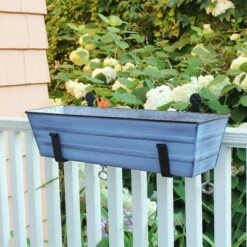 22"W Rectangular Nantucket Blue Galvanized Steel Flower Box with Black Wrought Iron Clamp-On Brackets - ACHLA Designs