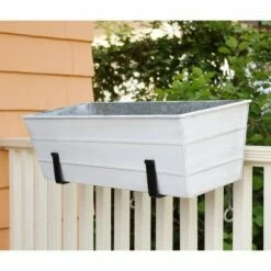 24"W Rectangular Flower Box Whitewashed Galvanized Steel with Black Wrought Iron Clamp-On Brackets - ACHLA Designs