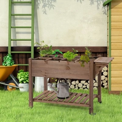 Outsunny 49'' x 21'' x 34'' Raised Garden Bed w/ 8 Grow Grids, Outdoor Wood Plant Box Stand w/ Folding Side Tables and Lockable Wheels for Vegetable Flower Herb 3 Outsunny 49'' x 21'' x 34'' Raised Garden Bed w/ 8 Grow Grids, Outdoor Wood Plant Box Stand w/ Folding Side Tables and Lockable Wheels for Vegetable Flower Herb