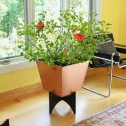 22.25"Hx16.25"W Indoor/Outdoor Square Copper Plated Galvanized Steel Flower Box with Black Wrought Iron Plant Stand - ACHLA Designs