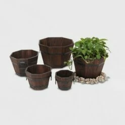 5pc Barrel Style Octagonal Wooden Planters Brown - Leisure Season