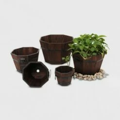 5pc Barrel Style Octagonal Wooden Planters Brown - Leisure Season -Cheap Planters Store unnamed file 2749