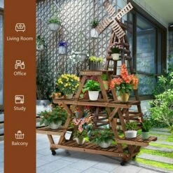 Costway Wooden Plant Stand w/Wheels Pots Holder Display Shelf 56.5'' x 11'' x 41'' -Cheap Planters Store unnamed file 2812