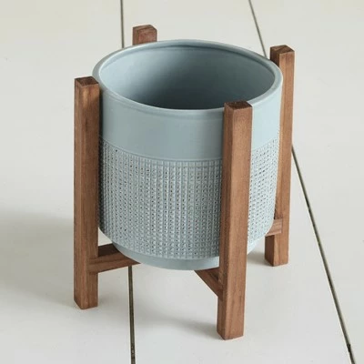 The Lakeside Collection Lakeside Ceramic Planter on Wood Stand - Indoor/Outdoor Decorative Pot 3 The Lakeside Collection Lakeside Ceramic Planter on Wood Stand - Indoor/Outdoor Decorative Pot