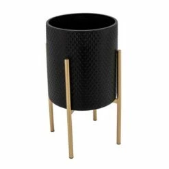 Set of 2 Textured Planter on Metal Stand - Sagebrook Home Black/gold