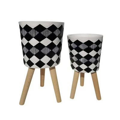 Set of 2 Diamond Planter with Wood Legs - Sagebrook Home Black 5 Set of 2 Diamond Planter with Wood Legs - Sagebrook Home Black - Image 3