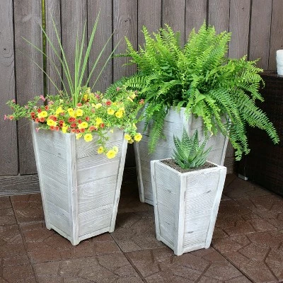 Sunnydaze Decor Sunnydaze Manor Indoor/Outdoor Fiber Clay Square Planter Flower Pots - 9.5", 10.75", and 16" Square - Distressed Wood - 3-Piece Set 3 Sunnydaze Decor Sunnydaze Manor Indoor/Outdoor Fiber Clay Square Planter Flower Pots - 9.5", 10.75", and 16" Square - Distressed Wood - 3-Piece Set