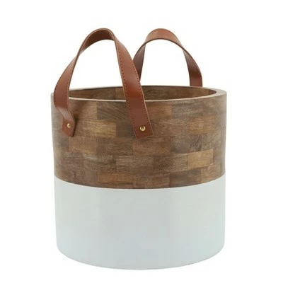 Sagebrook Home 10" Wood Bucket Planter with Leather Handles Brown/White 3 Sagebrook Home 10" Wood Bucket Planter with Leather Handles Brown/White