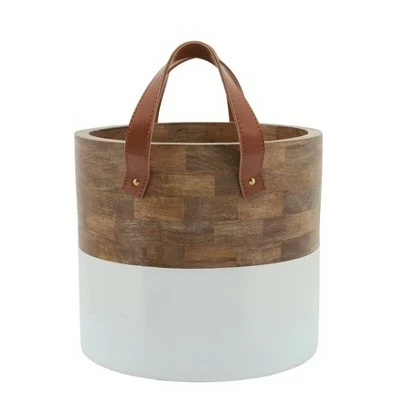 Sagebrook Home 10" Wood Bucket Planter with Leather Handles Brown/White 4 Sagebrook Home 10" Wood Bucket Planter with Leather Handles Brown/White - Image 2
