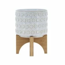 Circle Pattern Ceramic Planter on Wooden Stand White - Sagebrook Home