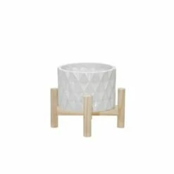 Ceramic Diamond Planter with Wood Stand White - Sagebrook Home