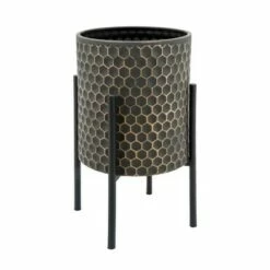 Sagebrook Home Set of 2 Honeycomb Planters on Metal Stand Black/Gold