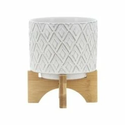 Ceramic Diamond Etched Flower Pot with Wooden Stand Beige - Sagebrook Home
